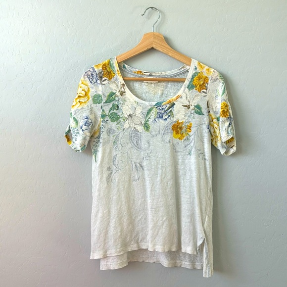 Anthropologie 100% Linen Meadow Rue Floral Ruched Short Sleeve Top Medium - Picture 1 of 5
